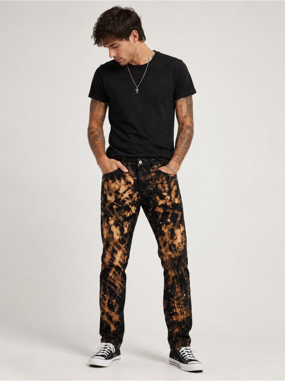 Switch Remarkable Men’s 38x32 Slim Taper Jeans Black Bleach Splatter Distressed